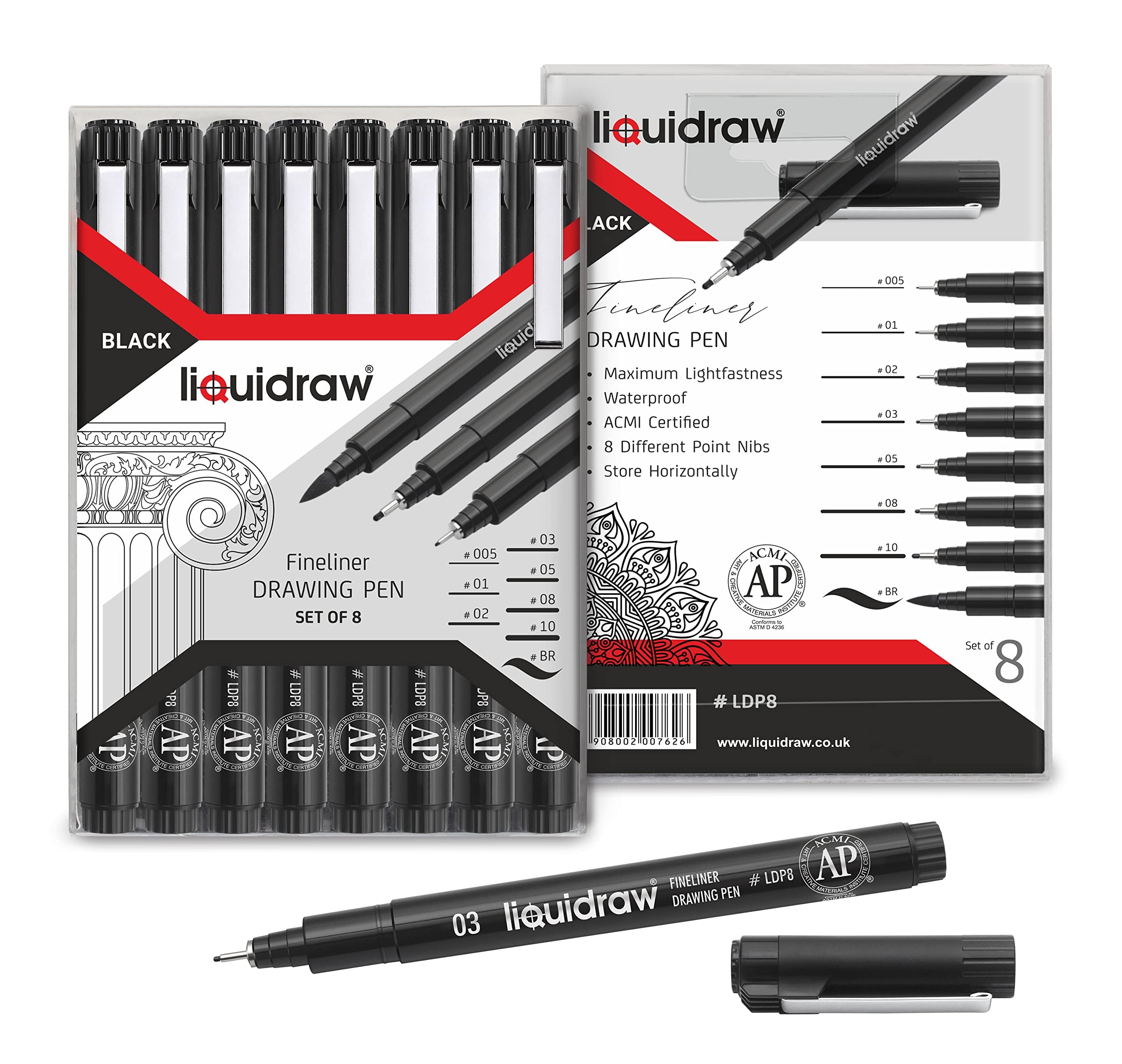 Liquidraw Drawing Pens - Set Of 8 Sizes | Fineliner Black Pens - Waterproof | Includes Brush Pen For Artists, Architects, Technical Drawing | Ideal for Writing, Calligraphy, Sketching & Illustrations