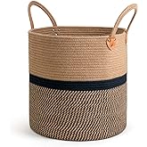 CHICVITA Extra Large Jute Woven Storage Basket with Handles – Laundry Basket Toy Towels Blanket Basket Home Decor Gift, 16" x 16", Black