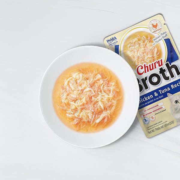 INABA CHURU BROTH FOR CATS, CREAMY BROTH WITH SHREDDED CHICKEN SIDE DISH POUCH, 1 OUNCE PER POUCH, 5 POUCHES, CHICKEN & TUNA VARIETY PACK
