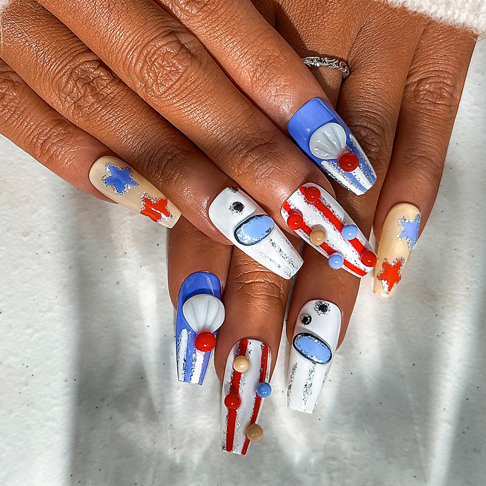 Sethexy Halloween Hand-painted Long Coffin Fake Nail 3D Clown Handmade False Nails Glossy Acrylic Press on Nails Salon Durable Quality Nails for Women and Girls(I)