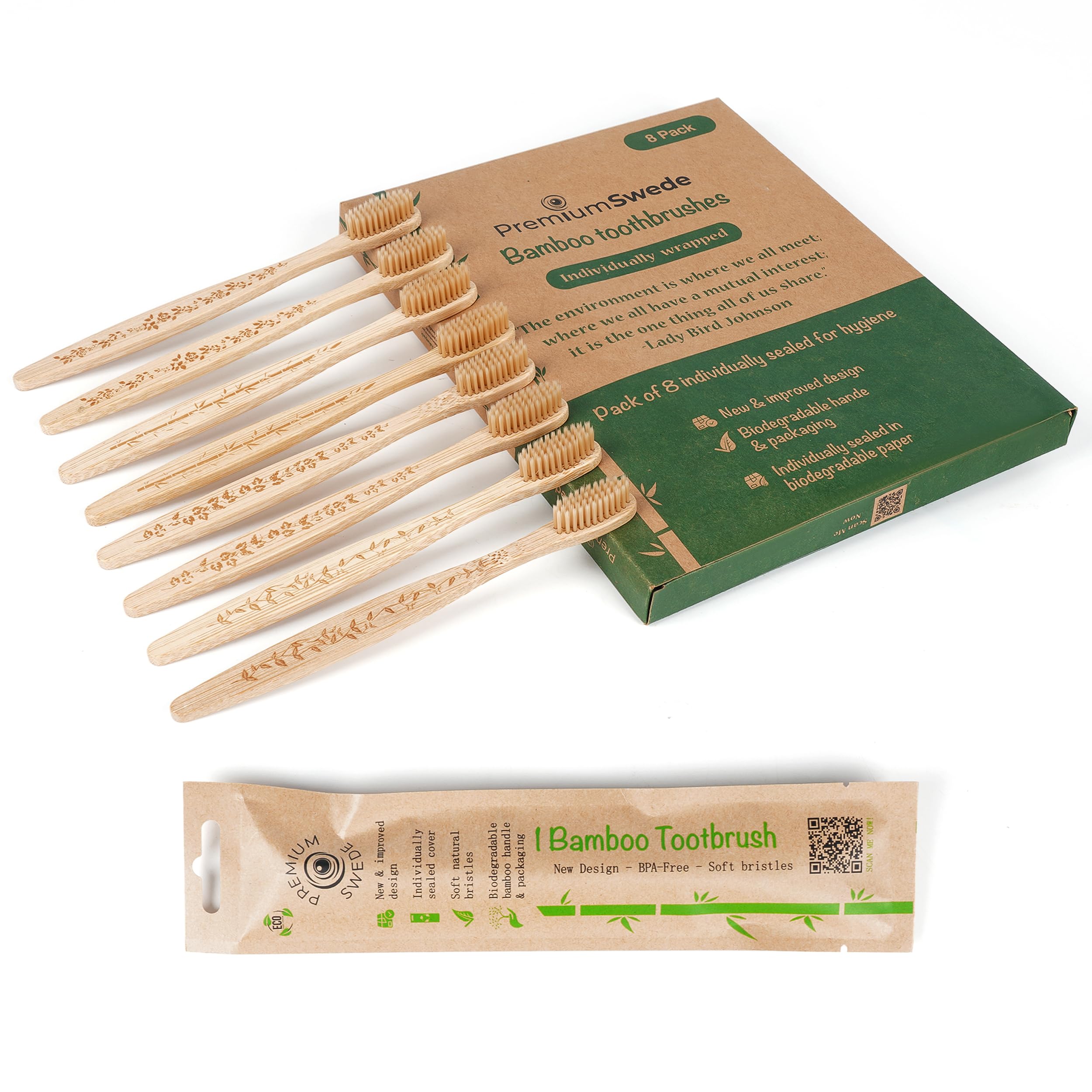 Premiumswede Bamboo Toothbrushes Toothbrushes Individually Wrapped 8 Pack - Eco-Friendly Soft Toothbrush for Adults - Biodegradable, Natural Wooden Toothbrushes - Sealed Travel Toothbrush