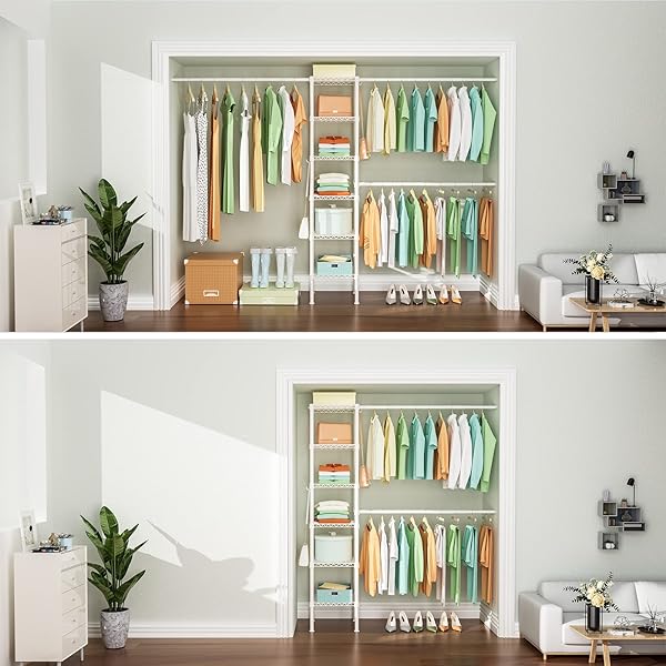 ULIF M1 CLOSET STORAGE ORGANIZER SYSTEM, 6 TIERS HEAVY DUTY METAL GARMENT RACK WITH 3 EXPANDABLE HANGER RODS, WALL MOUNTED SPACE SAVER SUITS FROM 5.4-8.7 FT. WIDTH, 71.2”H X 14”D, 700LBS, WHITE