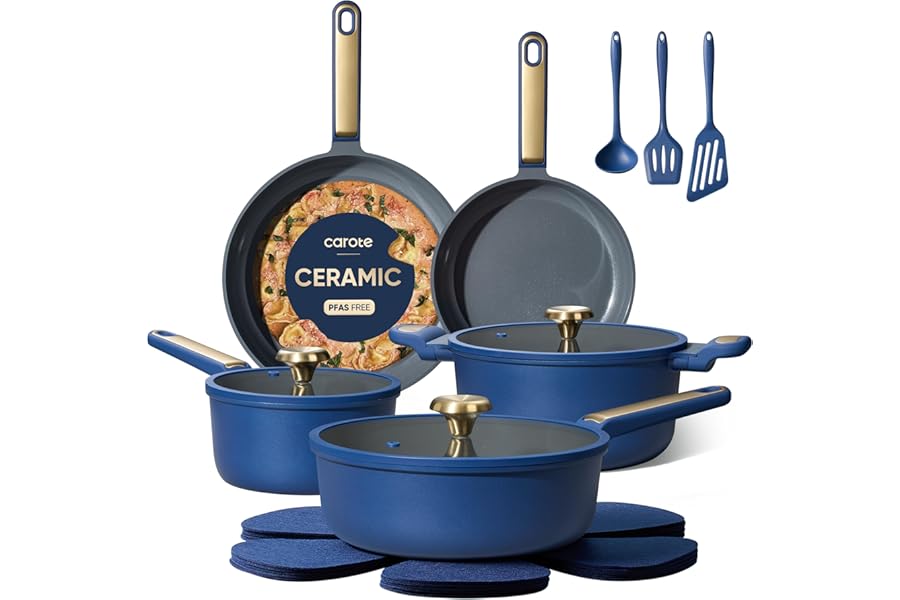 CAROTE Ceramic Cookwar Set, Pots and Pan Set Non Stick 16 Piece, Cookware Set Kitchen Cooking Set Non Toxic, PFAS PTFE Free, Book