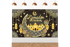 KMCCUMBER Ramadan Mubarak Decorations, Ramadan Mubarak Backdrop Black and Gold Moon Castle Pattern, Ramadan Mubarak Party Decorations for Home Office