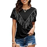 PESION Women's Fringe Trim Shirts Short Sleeve Tassel Trim Blouse T-Shirt Tops