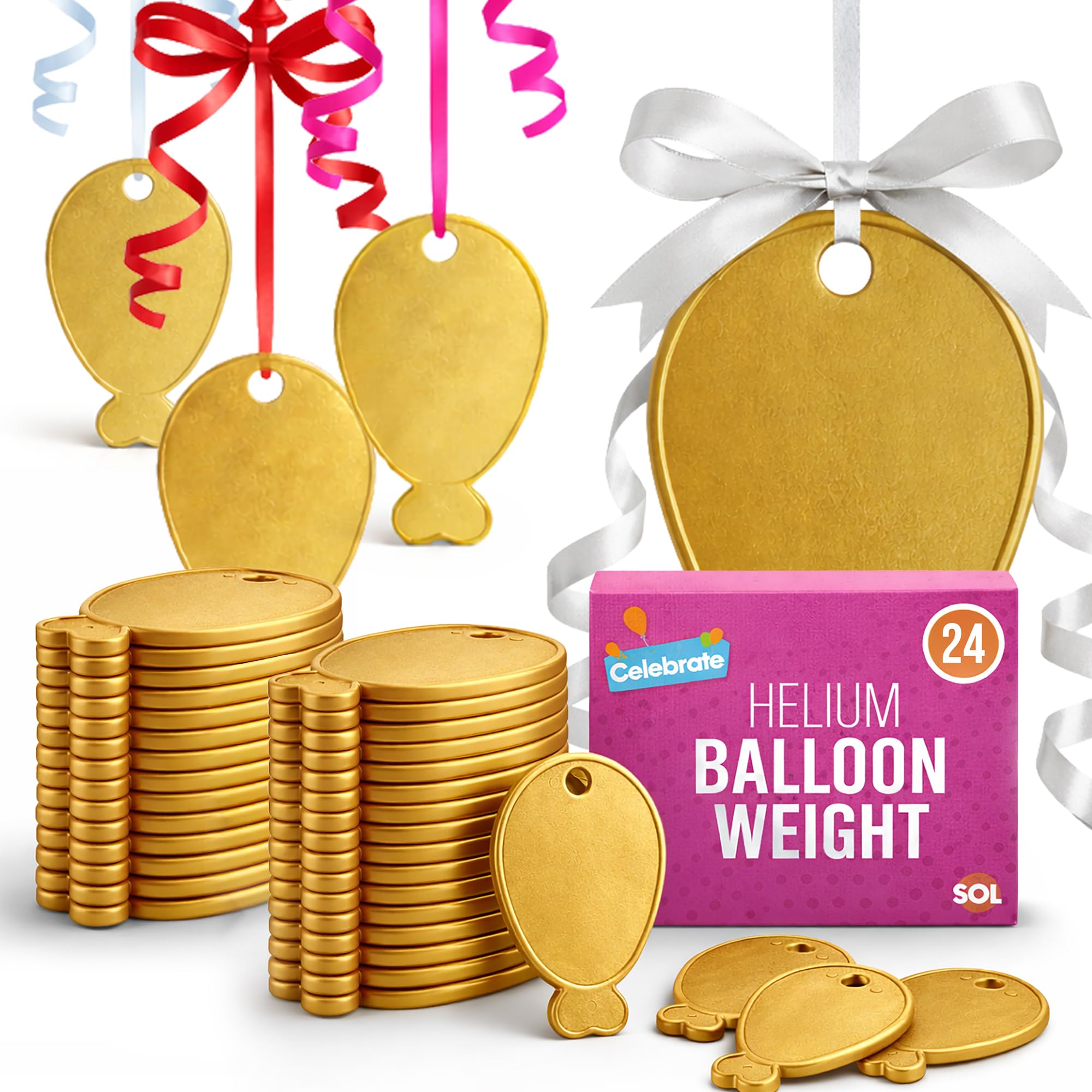 SOL 24pk Helium Balloon Weights - Gold Plastic Party Accessories - Perfect for Securing Balloons at Birthdays, Weddings, New Year - Heavy Duty 205g Weights for Decorations and Large Celebrations