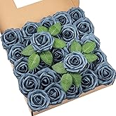 DuHouse 25Pcs Artificial Roses Flowers Fake Roses with Stems Real Touch Foam Flowers for DIY Wedding Bouquet Party Centerpiece Floral Arrangement Party Home Decor(Dusty Blue)