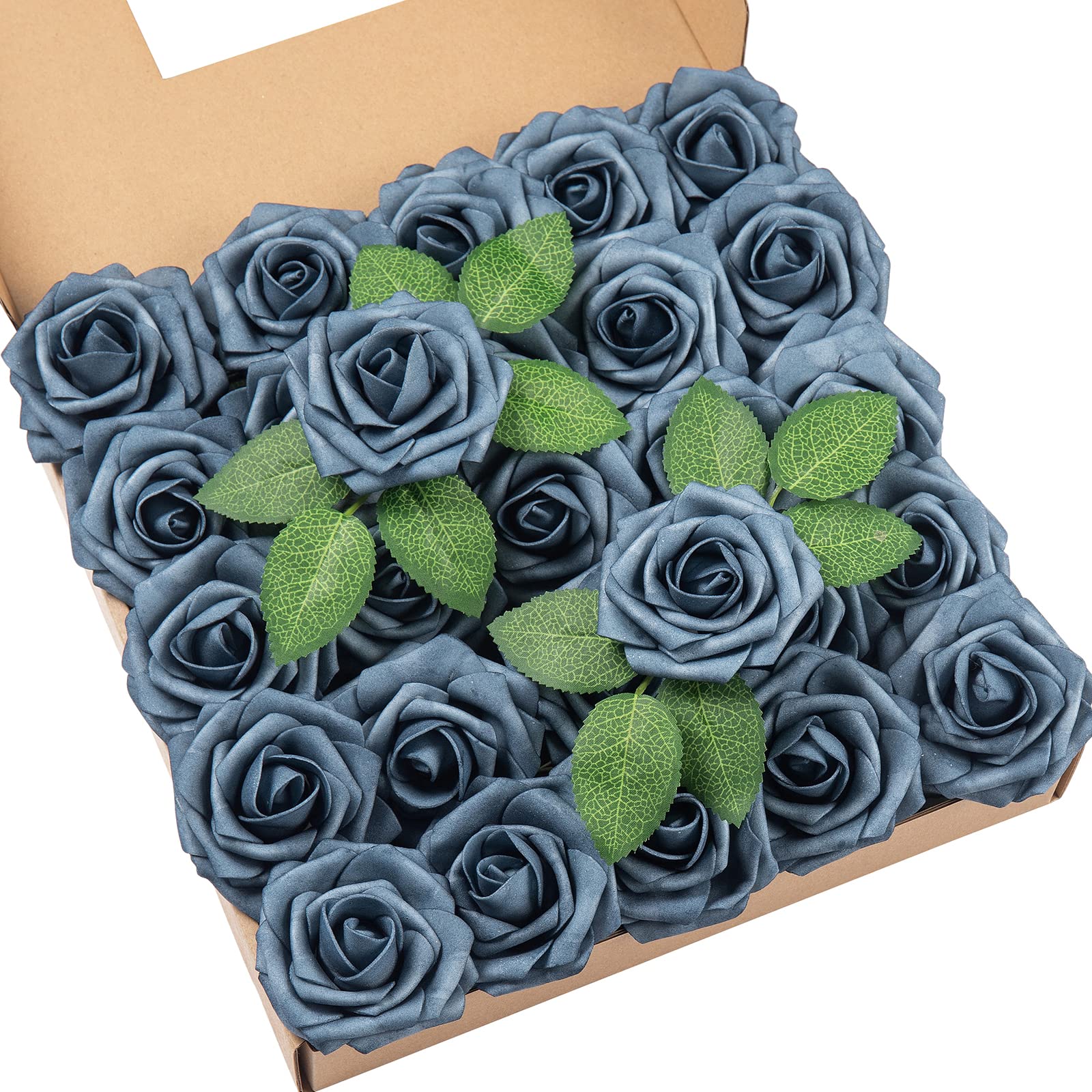 DuHouse 25Pcs Artificial Roses Flowers Fake Rose with Stems Real Touch Foam Flower Head for DIY Wedding Bridal Bouquet Baby Shower Centerpiece Floral Arrangement Party Home Decor(Dusty Blue)