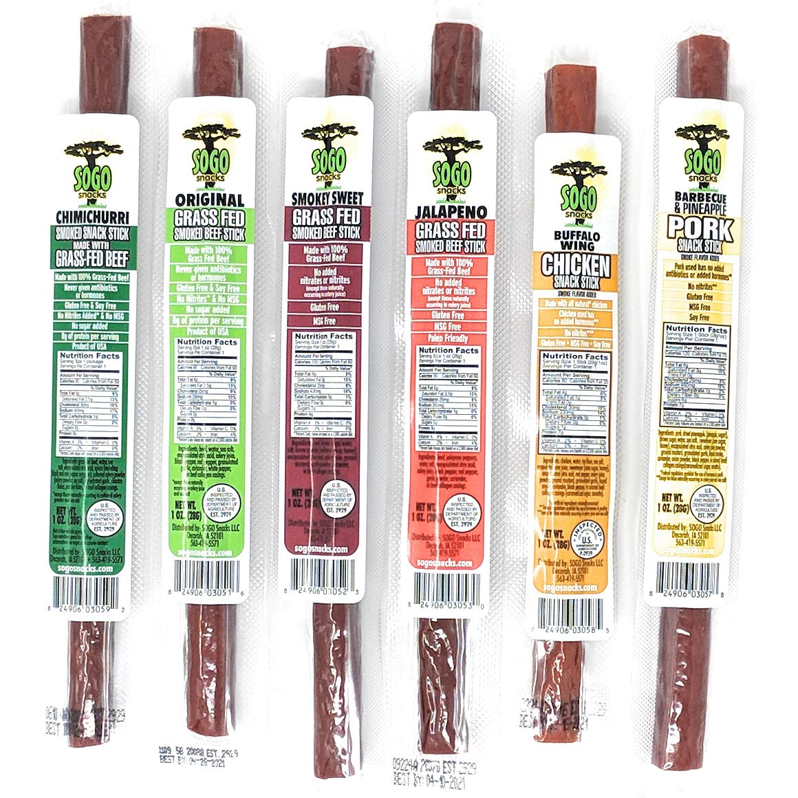 6 Flavor Variety Meat Sticks. No Added Nitrates, Gluten, Soy, MSG, Dairy or Nuts. Four 100% Grass-fed Beef Flavors, One Natural Chicken Flavor & One Natural Pork Flavor (8 of Each, 48-cnt, 1oz Stick)