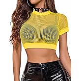 Avidlove Fishnet Crop Top for Women Y2K Short Sleeve See Through Shirt O Neck Pullover Blouse