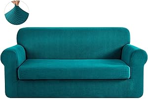 CHUN YI Stretch Loveseat Sofa Slipcover 2 Piece Sofa Cover, 2 Seater Couch Slipcover Coat Soft Washable Furniture Covers with Elastic Bottom, Checks Spandex Jacquard Fabric, Medium, Teal