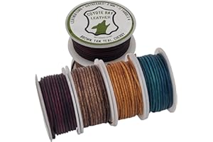 Coyote Bay® Genuine Leather Cord Round Spool in 4 Distressed Colors, 11 Yards Each, for Jewelry Making, Crafts and Hobby Projects (2 mm)