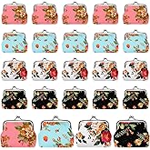 24pcs Canvas Floral Coin Purses, Vintage Kiss Lock Canvas Floral Buckle Coin Purse Change Purses for Women, 4 X 3 Inch Fabric Coins Purse Rose Flower Wallet for Women, Bulk Small Wallets Party Favors