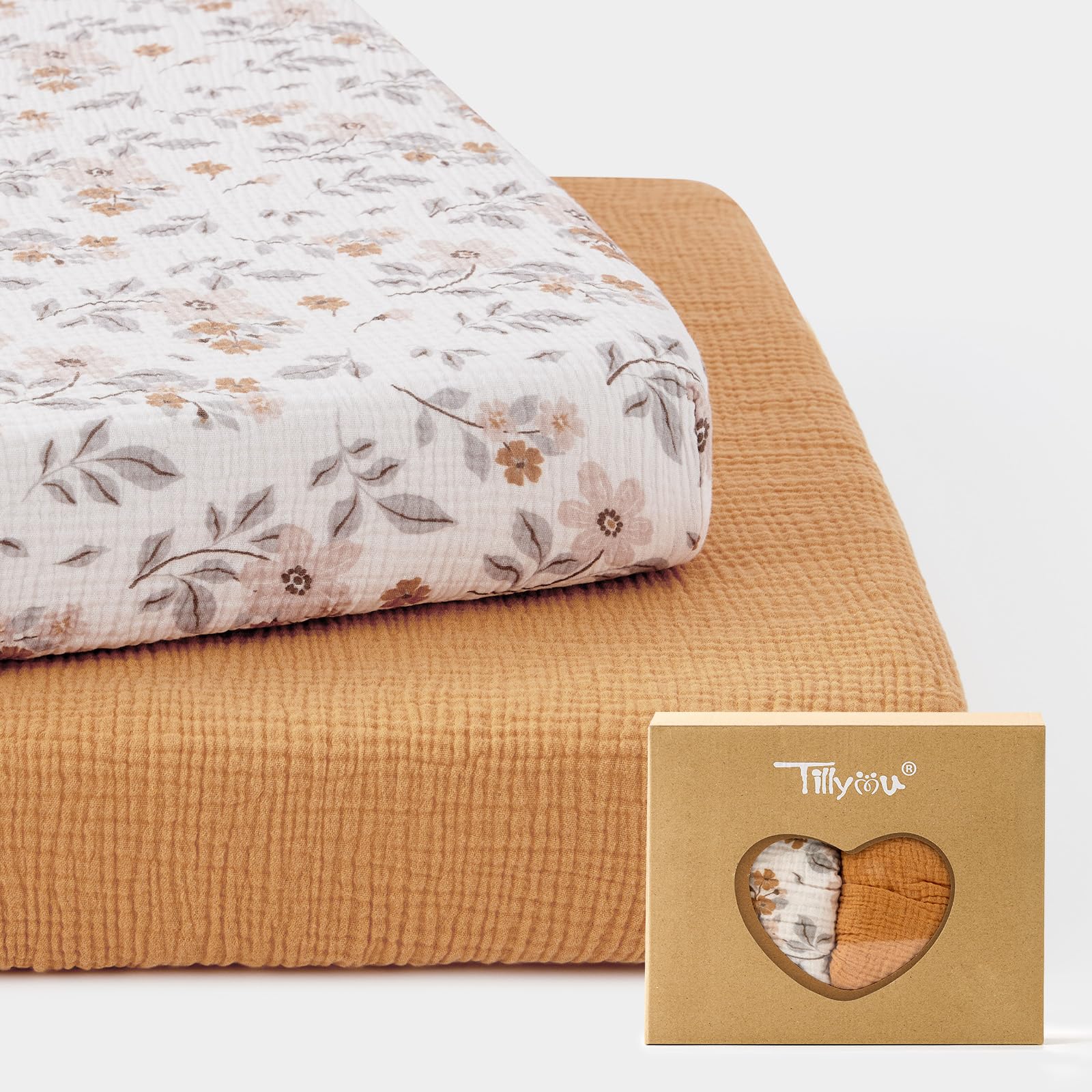 Photo 1 of TILLYOU Muslin Mini Crib Sheets 2 Pack, Pack and Play Mattress Sheets Fitted for Pack N Play, 38'' x 26'' Sheet for Toddler, Yellow Flower