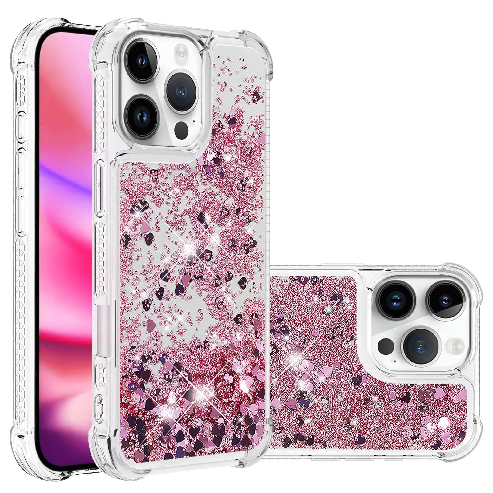 IMEIKONST Glitter Case for iPhone 16 Pro, Liquid Sparkle Quicksand Clear Transparent Sequin for Girls Women Slim TPU Bumper Silicone Shockproof Cover for iPhone 16 Pro. Love Rose YBW