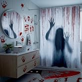 Gilprop 3 Pcs Halloween Bathroom Horror Shower Curtain Set | Horror Knife Rug, Bloody Handprint Self-adhesive Window Stickers, Halloween Ghost Scary Bathroom Home Decor