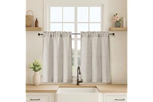 OVZME 2 Panels Kitchen Curtains 36 Inch Length, Faux Linen Textured Small Cafe Window Curtain Over Sink, Light Filtering Short Curtain Tiers for Bathroom Basement, 30x36 Inch, 2PCS, Linen Color