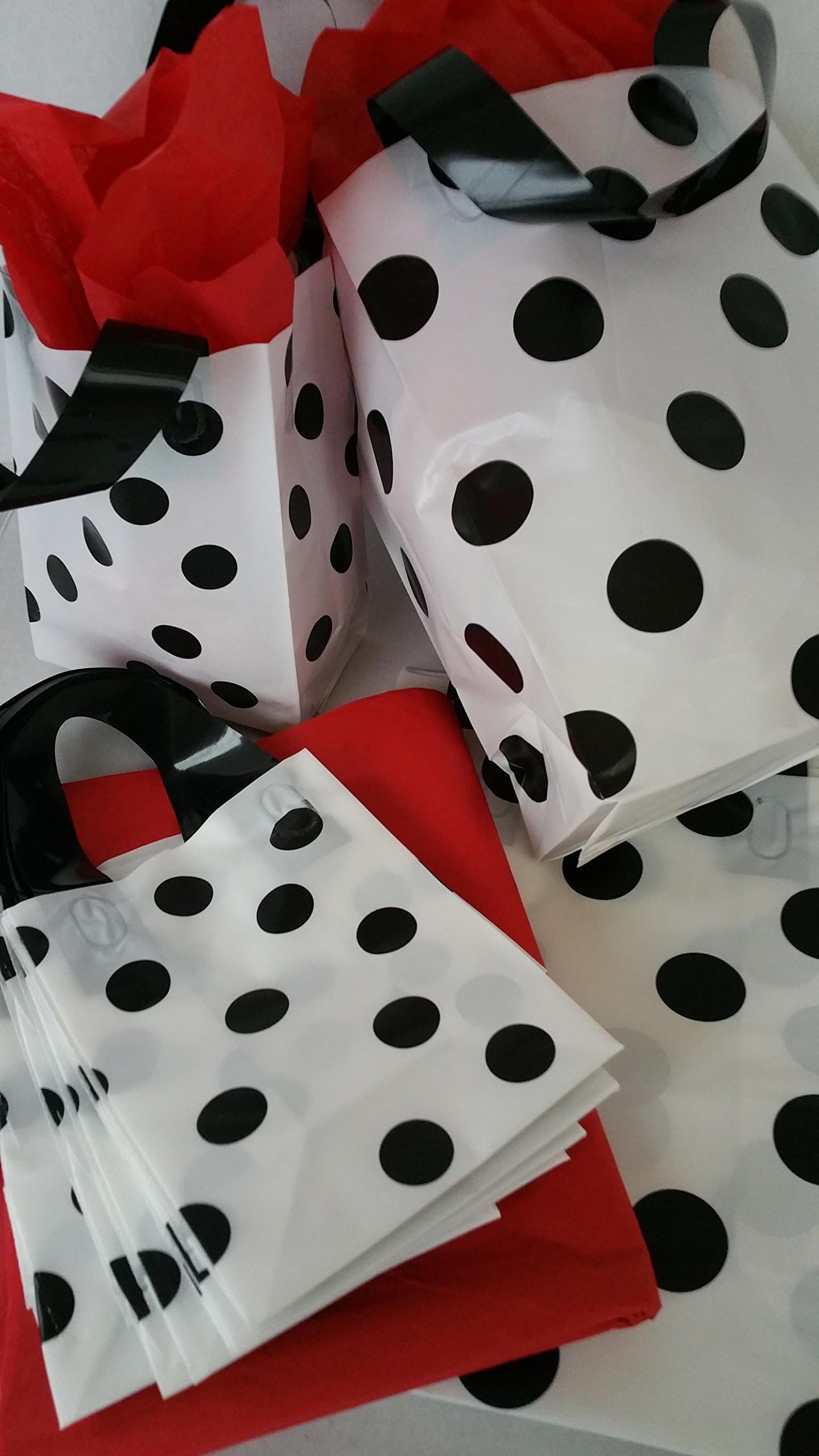 20 Black Polka Dot Gift Bags Bundle. Soft Loop Handle and Cardboard Bottom. Includes 10 Small and 10 Medium Bags and 24 Pieces of RED Tissue Paper. Great for Party Favors, Shopping, Holiday Gifts.