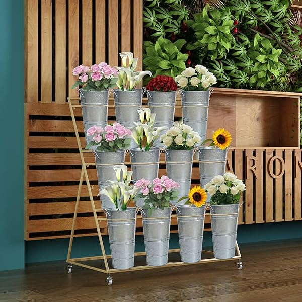 NOTAKIA 8 PCS 12 INCH LARGE GALVANIZED METAL VASES FARMHOUSE FRENCH FLOWER BUCKET VASES FOR CUT FLOWERS FOR HOME DECOR AND WEDDING TABLE CENTERPIECE DECORATIONS (LARGE SILVER)