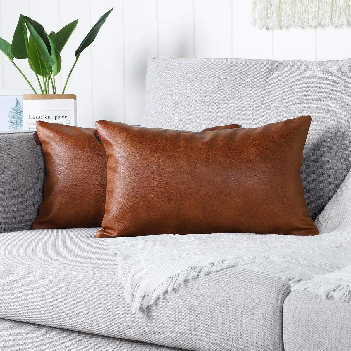 Mandioo Brown Faux Leather Decorative Lumbar Cushion Covers 12x20 Inches Modern Solid Outdoor Cushion Cases Luxury Throw Pillowcases for Couch Sofa Bed 30cmx50cm,Pack of 2 — image 1