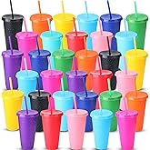 Potchen 36 Pcs Glitter Reusable Tumbler with Straws and Lids, Plastic Cup with Lids and Straws Bulk, Water Bottle Iced Coffee Cold Drink Travel Mug, Colorful Cups for Party Birthdays