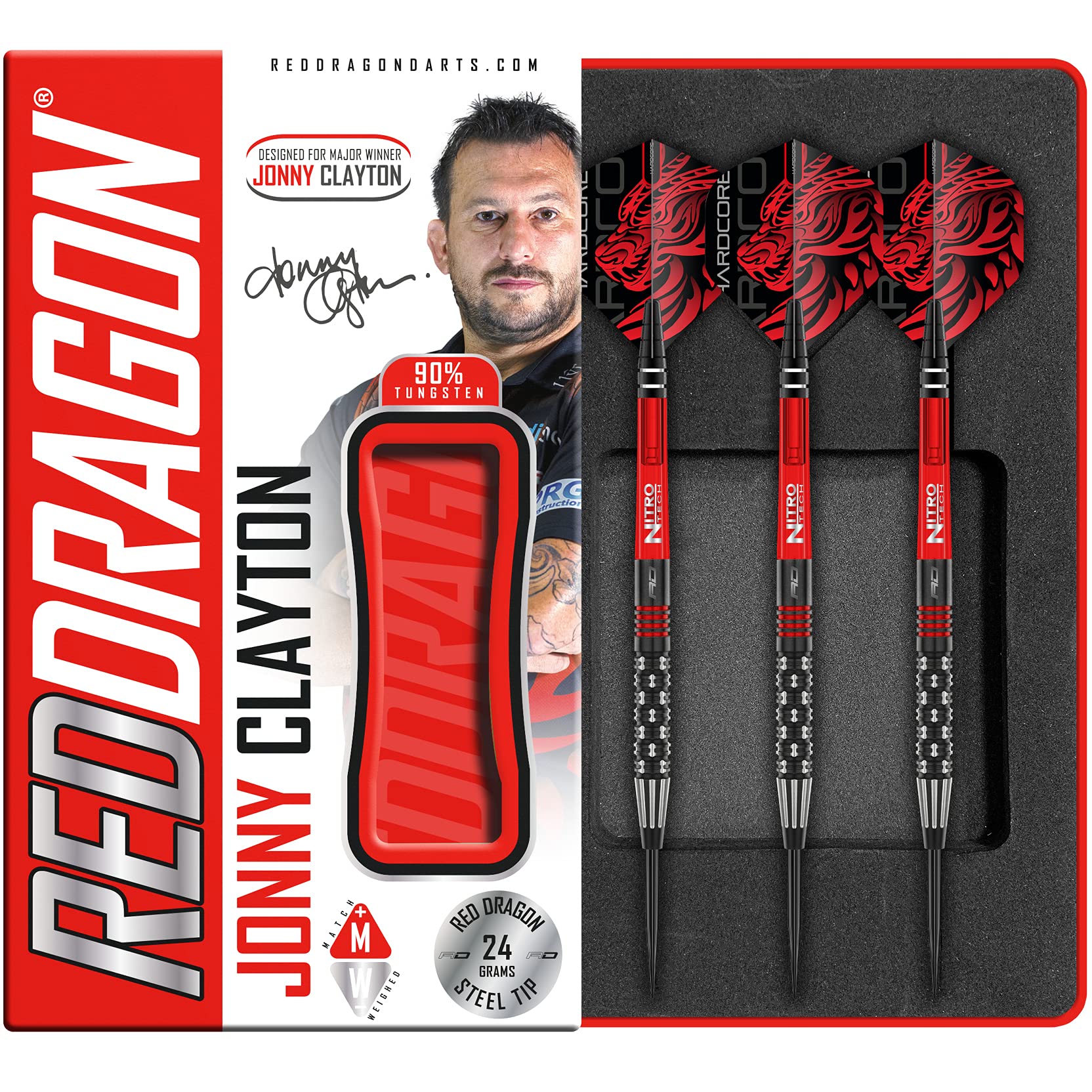 RED DRAGON Jonny Clayton PL Special Edition 24 Gram Tungsten Darts Set with Flights and Shafts (Stems)