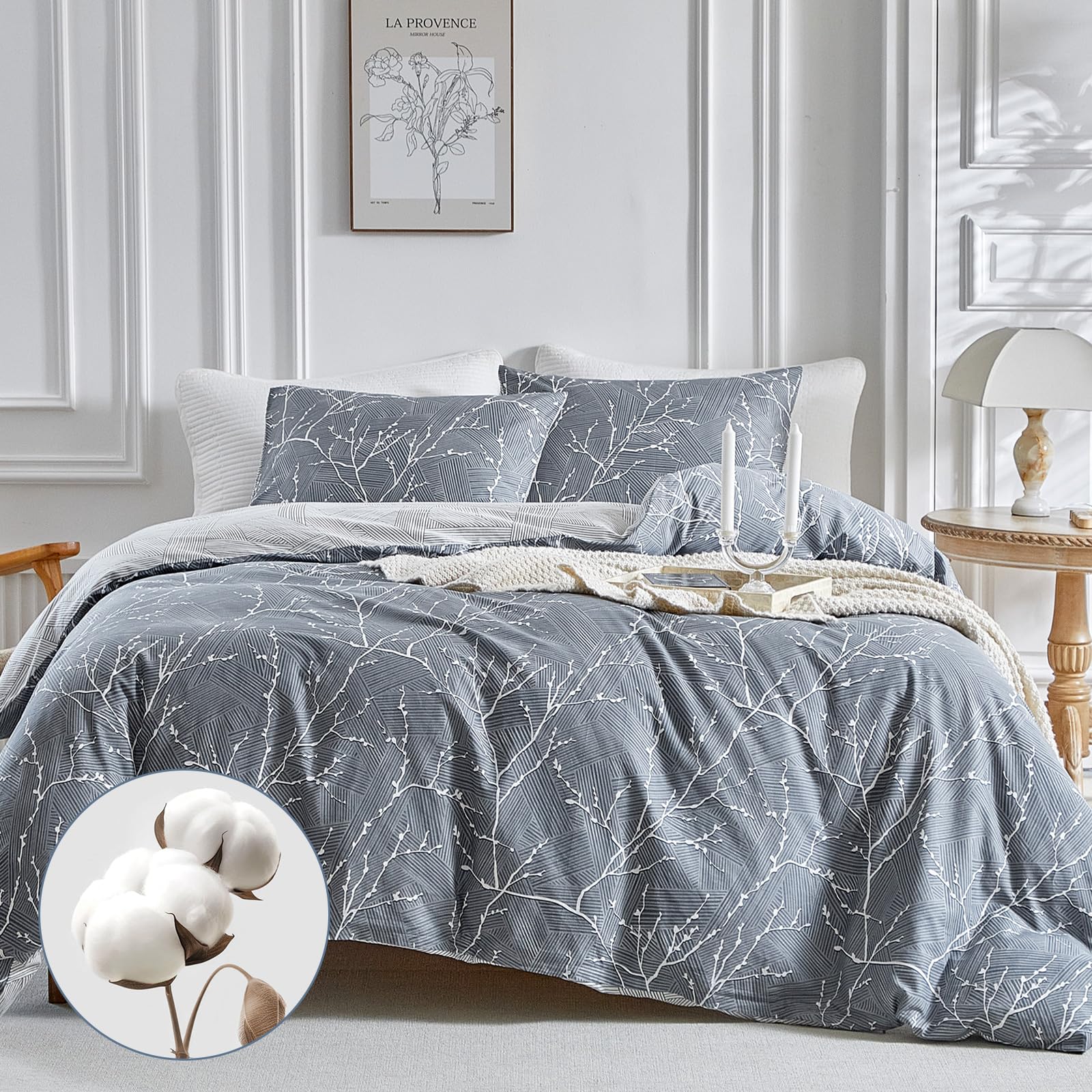 Lekesky 200 Thread Cotton Duvet Cover Double - Grey Bedding Set, Branches Pattern Double Duvet Set with Pillowcases for Bedding Bed, Duvet Cover Double 200x200 cm, Grey/Printed