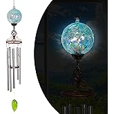 Naboher Wind Chimes, Solar LED Outdoor Garden Lighting, Light Biue Glass and Metal Wind Chime Lawn and Yard Decoration with Bronze Metal Finial, 5 x 46.5 Inch (Light Blue)