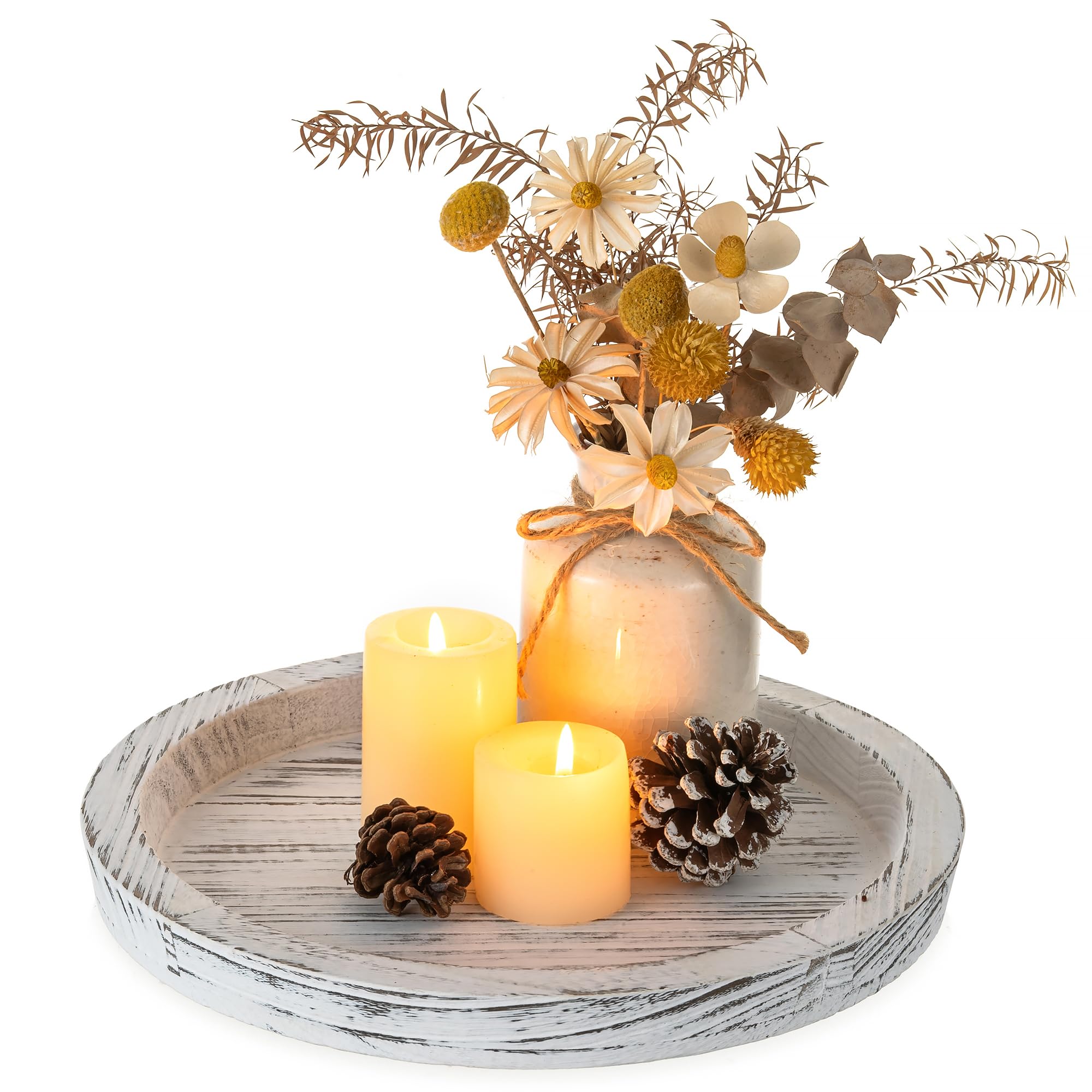 Hanobe Wooden Coffee Table Tray: Round Decorative Wood Serving Trays Rustic White Centerpiece Candle Holder Farmhouse Ottoman Tray for Decor Kitchen Counter Home Decor — image 1