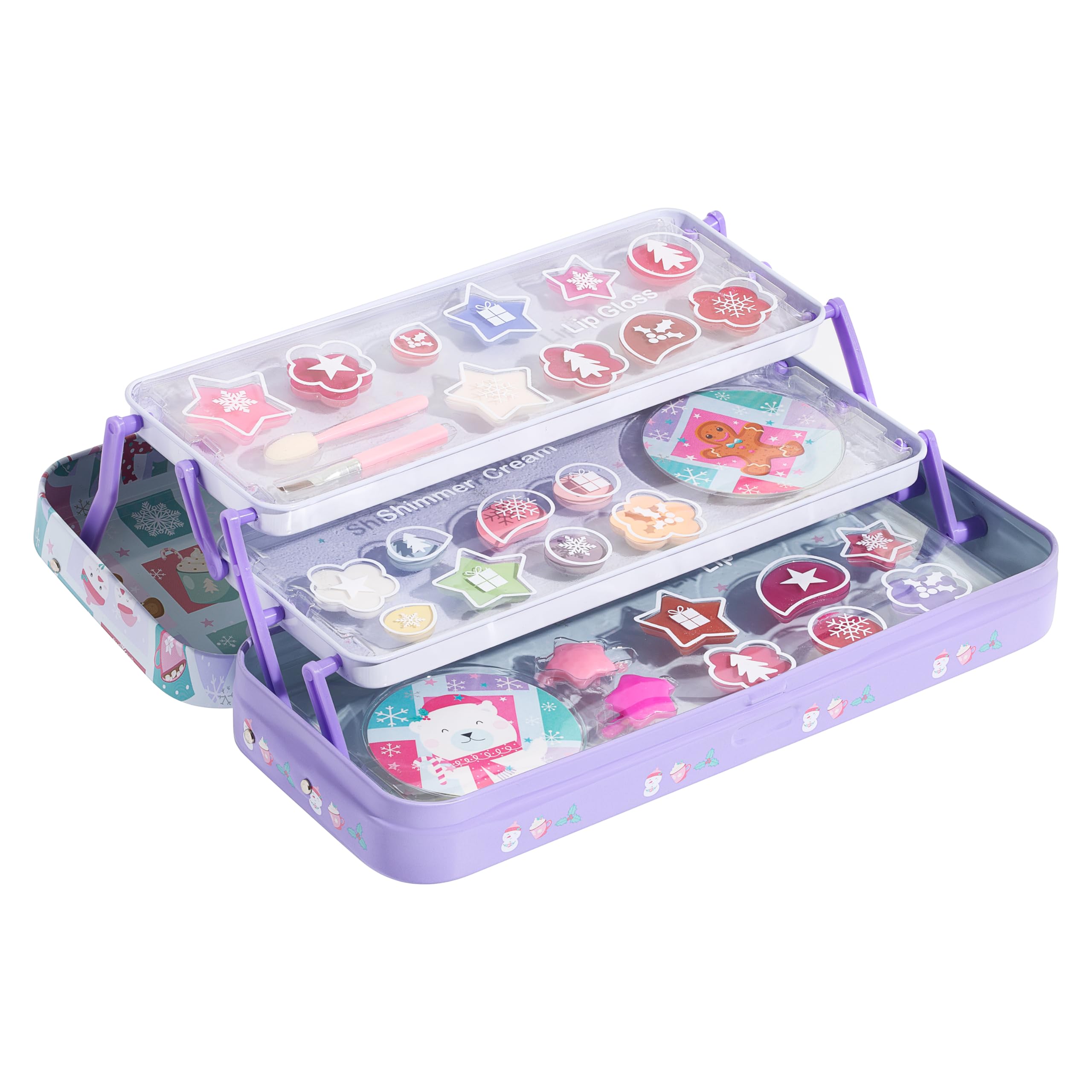 Lip Smacker 3-Tier Lip & Face Tin Gift Set, Set of Lip Glosses, Eyeshadows in Different Flavours and Shades for Kids, Hair Clips and Makeup Applicator Included
