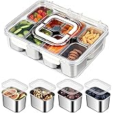 Snackle Box Container, Stainless Steel Divided Serving Tray with Lid and Handle, 8 Compartment Portable Snack Platters - Clear Storage Organizer for Fruit Candy Nuts Veggie - Perfect for Travel Party