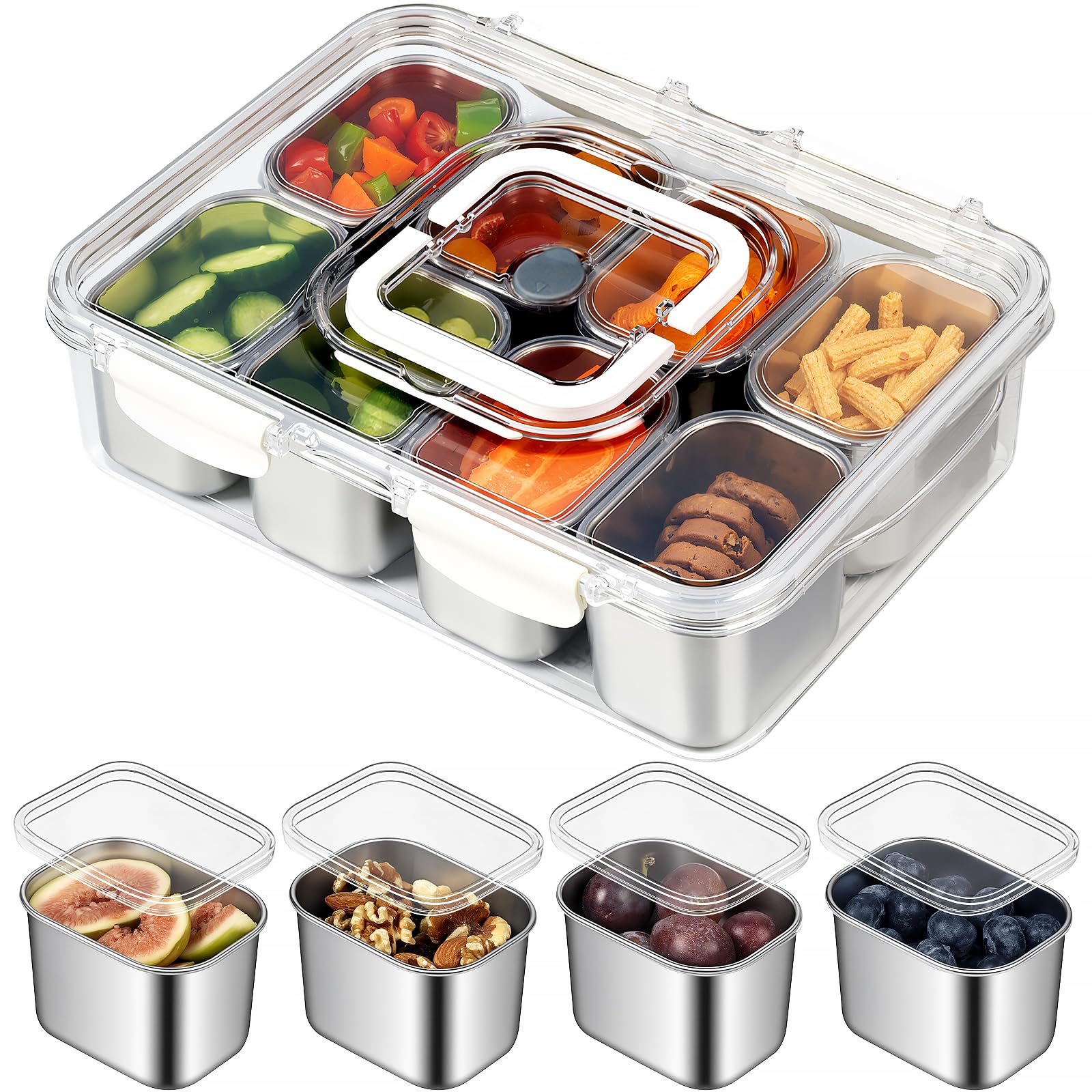 Photo 1 of **MAJOR DAMAGE**
Snackle Box Container, Stainless Steel Divided Serving Tray with Lid and Handle, 8 Compartment Portable Snack Platters - Clear Storage Organizer for Fruit Candy Nuts Veggie - Perfect for Travel Party