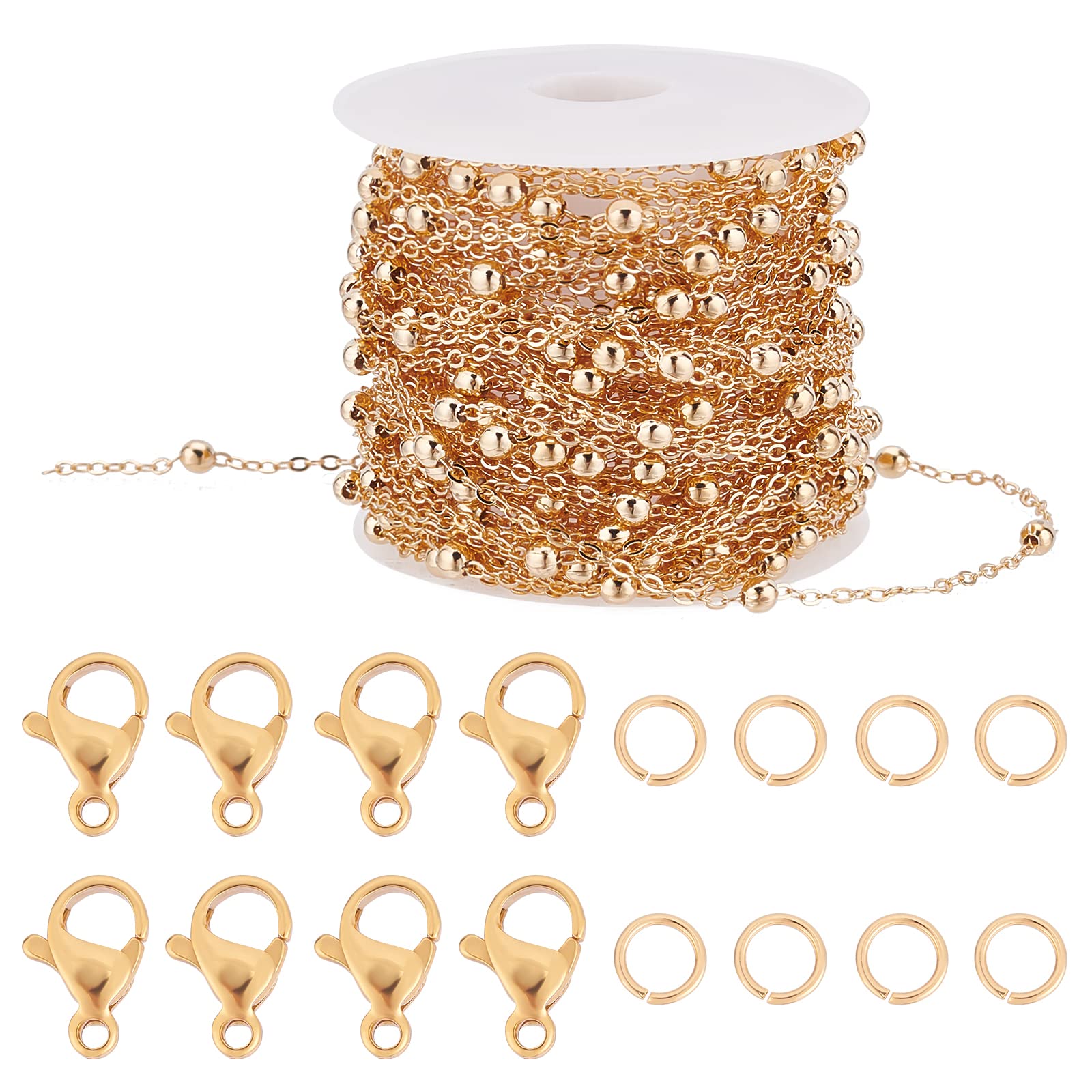 Beebeecraft 32.8 Feet 18K Gold Plated Chains for Jewelry Making Ball Beaded Link Cable Chain with 20 Lobster Claw Clasps and 50 Jump Rings