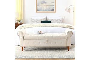 HANLIVES 62" Storage Bench for Bedroom End of Bed,Rolled Armed Storage Bench,Linen Fabric Benches for Bedroom with Storage,Tufted Button Storage Bench,Ottoman Bench for Entryway Living Room(Beige)