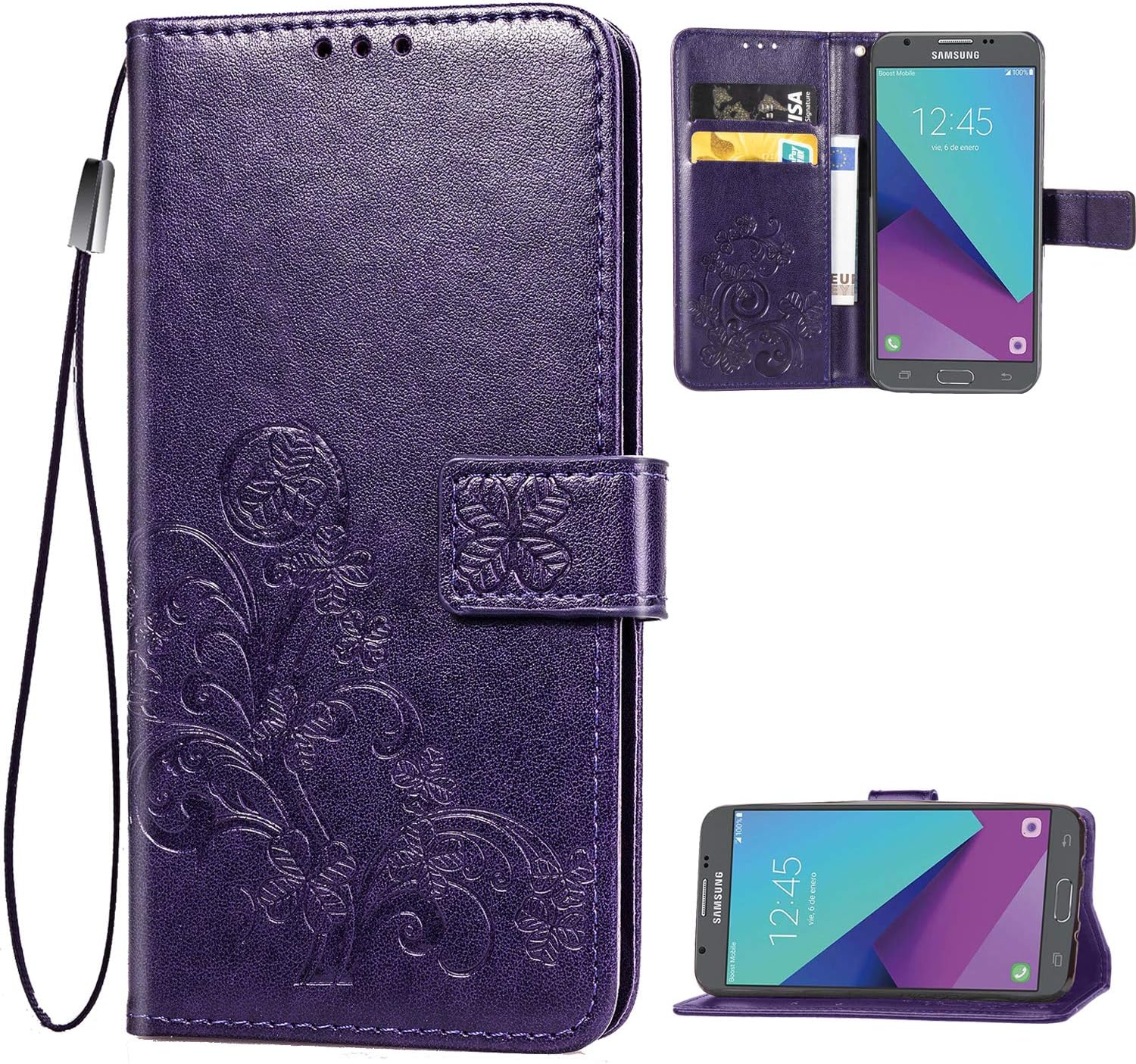 Galaxy J7 2018,J7 Star,J7 Refine,J7 Aero,J7 Aura,J7 Top Case,[Flower Embossed] Leather Wallet Flip Folio Protective Case Cover with Card Holder and Stand for Samsung Galaxy J7 2018 SM-J737 (Purple)
