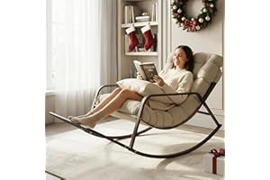 BULEXYARD Beige Oversized Indoor Outdoor Lounge Royal Rocking Chair with Armrest Footrest for Napping Relaxing, Heavy Duty Patio Reclining Papasan Rocker Chair with Padded Cushion for Porch, Sunroom