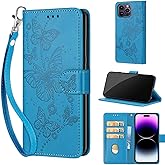 Designed for iPhone 14 Pro Max Case Wallet,Women Flip Folio Cover with Embossed PU Leather Stand Credit Card Holders Slots Wrist Strap Phone Case for iPhone 14 Pro Max 6.7 Inch (Blue Butterfly)