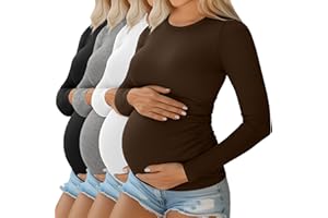 Ficerd 4 Pack Women's Maternity Shirts Cotton Long Sleeve Ribbed Crew Neck Pregnancy Tops Side Ruched Casual Mama Clothes