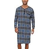 Yukiuiny Men's Plaid Long Sleeve Nightshirt Knee-Length Sleepwear with Chest Pocket Sleepwear