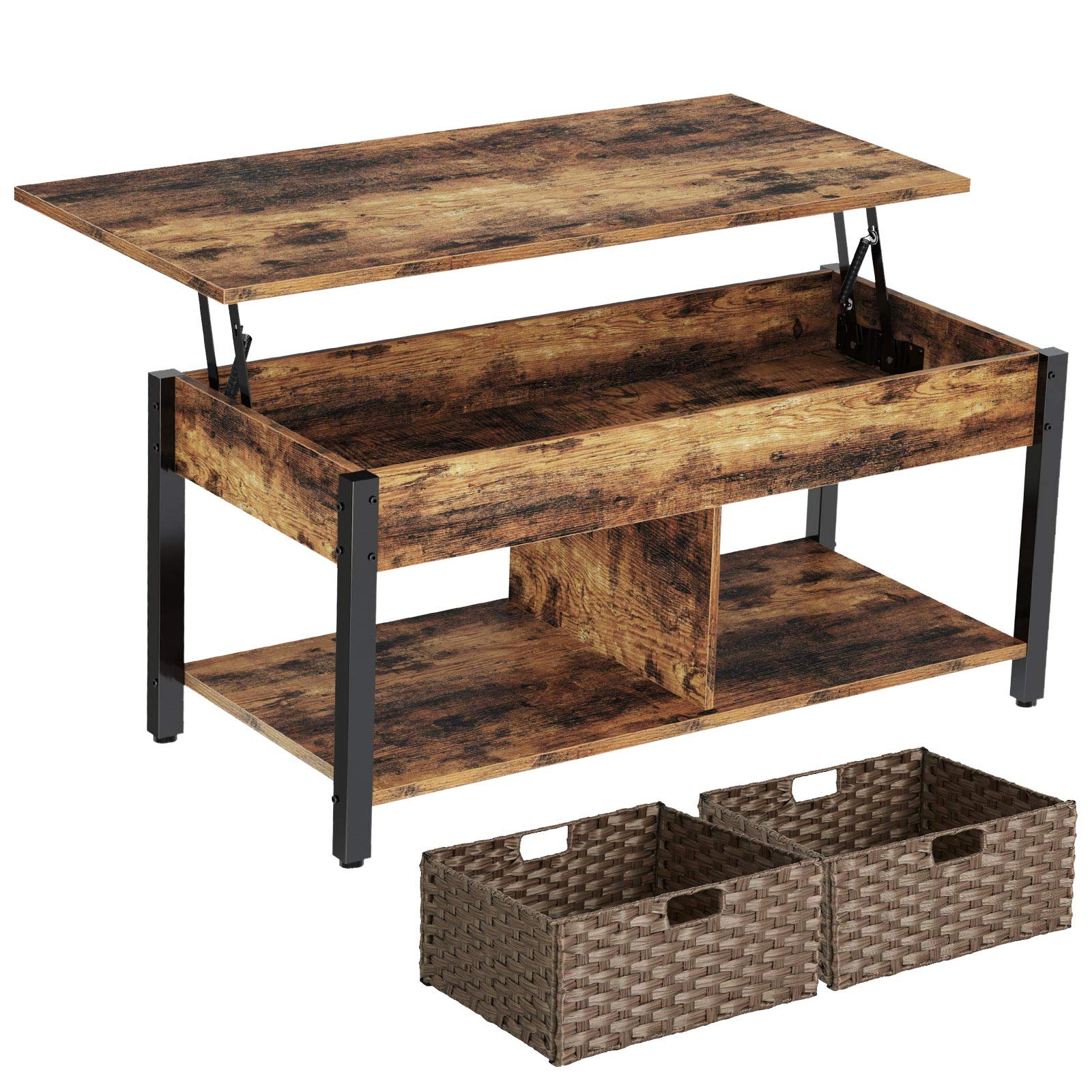 Rolanstar Lift Top Coffee Table with Hand-Woven Storage Baskets, Coffee Table with Hidden Compartment, Wooden Lift Tabletop Central Table for Living Room, Rustic Brown