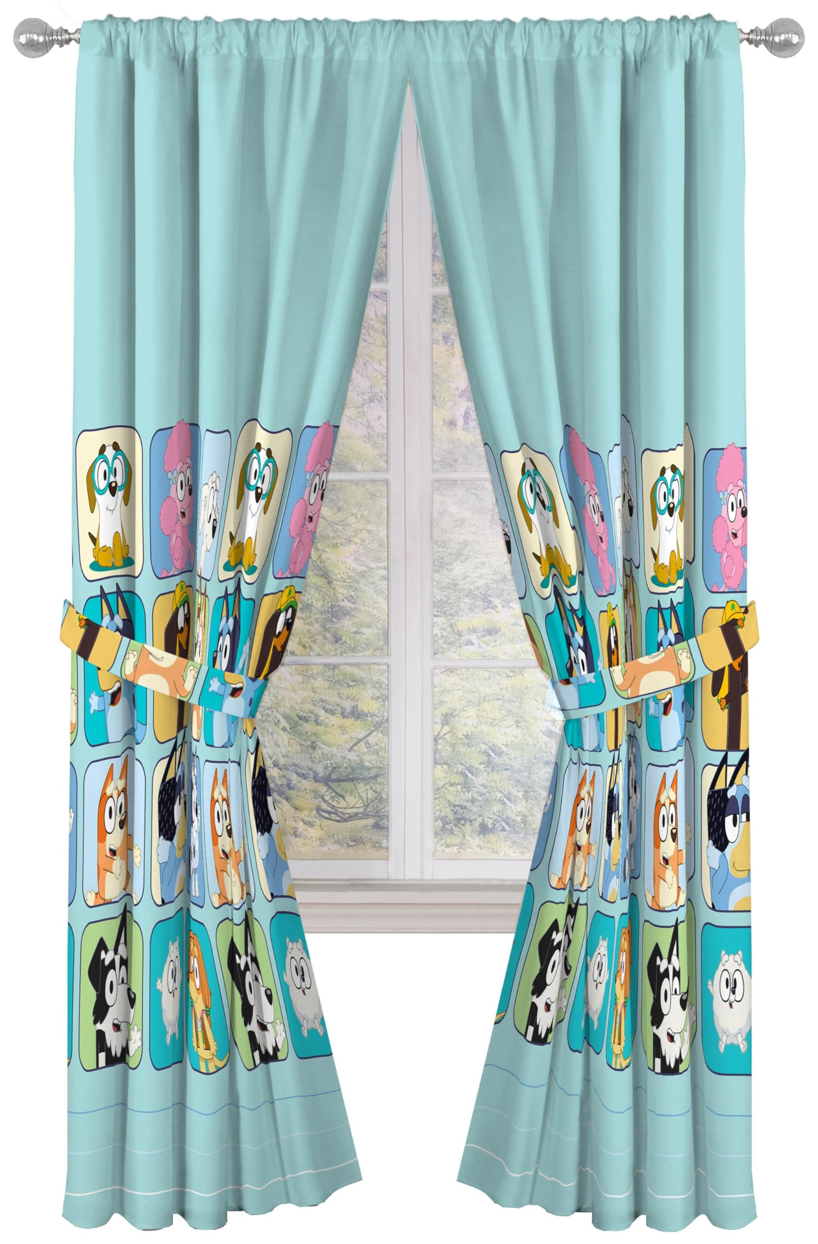 Sunny Side Up Window Curtains for Kids Bedroom 4-Piece Drape Set with 2 Tiebacks, Teal - Bluey, 42" W x 84" L (Pack of 2)