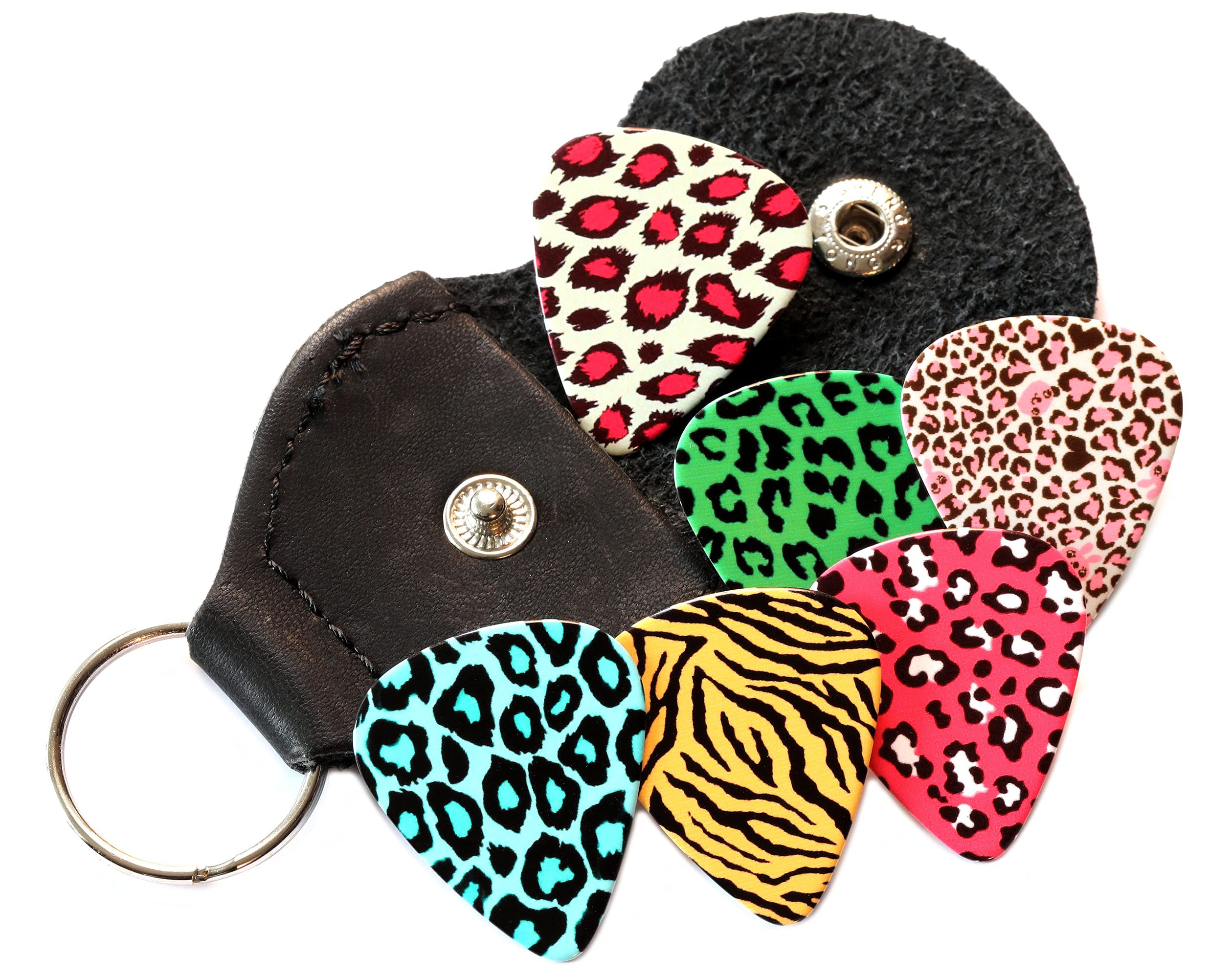 6 Animal Print Guitar Picks with Leather Keyring Plectrum Holder