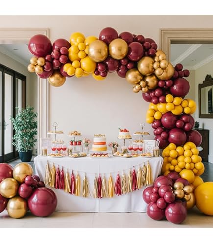 JOYMEMO Class Reunion Decorations Kit – Burgundy & Gold Balloon Garland Arch With Welcome Back Backdrop