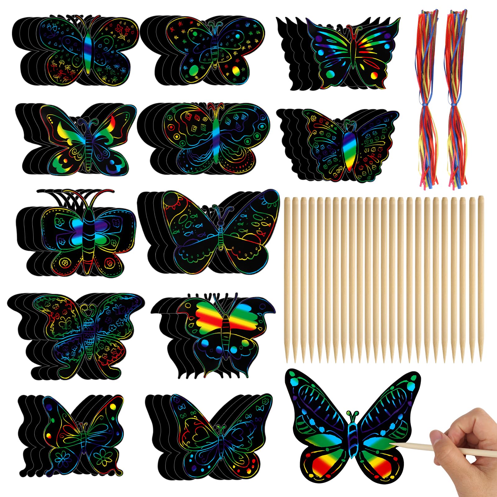 48 Pcs Butterfly Scratch Art for Kids, Rainbow Scratch Paper, Magic Scratch Cards for Kids, Scratch Painting with Ribbon and Bamboo Pen for DIY Party Decoration (12 Patterns)