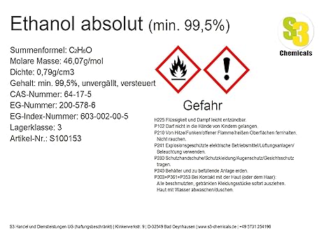 S3 Chemicals Ethanol absolut, unvergällt, versteuert (min. 99,5%) Gebindegröße 100ml
