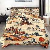 Pamnest Comforter Set Queen Size, Vintage Western Cowboy Soft 3 Pcs Bedding for Kids and Adults West Horse Desert Comforter Set with 2 Pillowcases for Bedroom Bed Decor