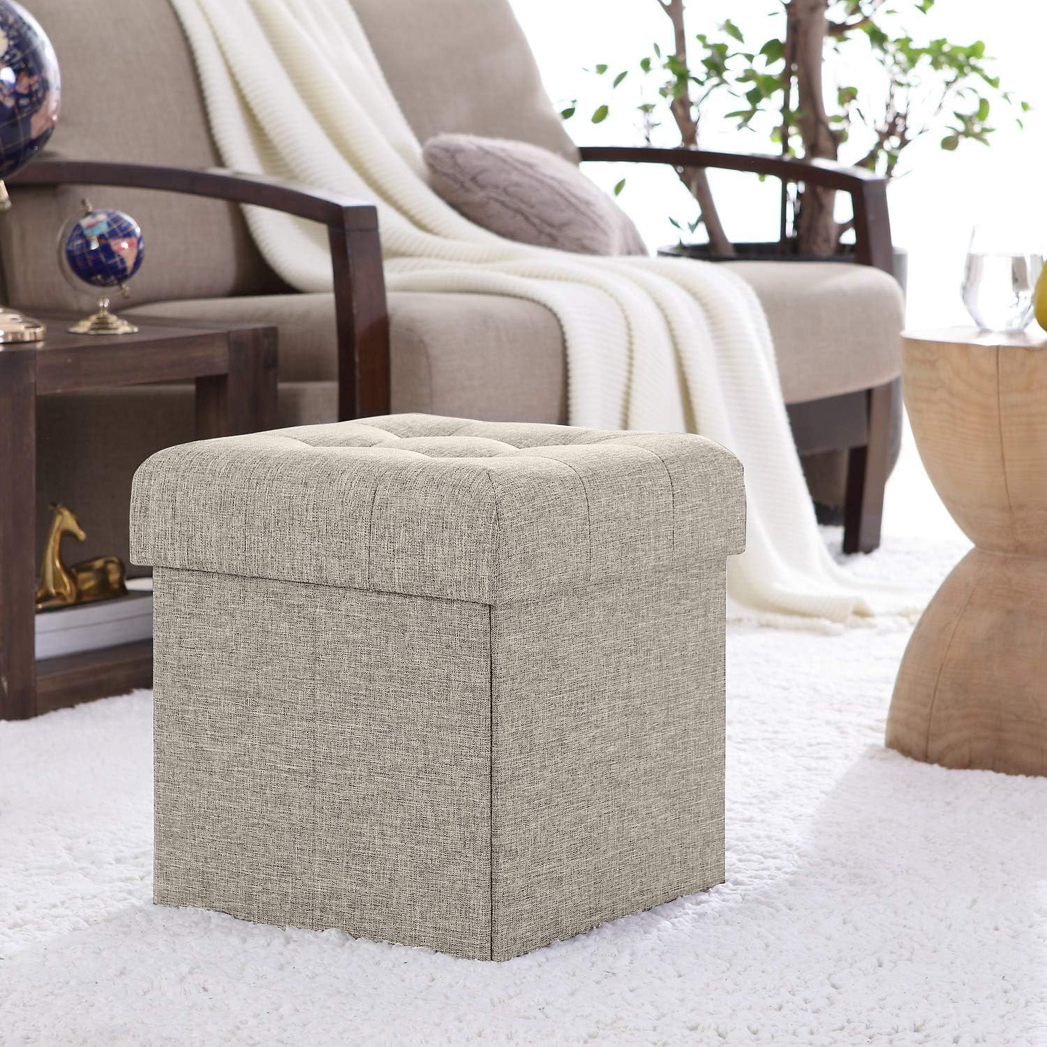 Ornavo Home Foldable Tufted Linen Storage Ottoman Square Cube Foot Rest Stool/Seat - 15" x 15" x 15" (Beige): Furniture & Decor