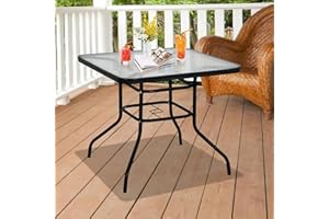 BLKMTY Outdoor Patio Table Bistro Table Metal Steel Frame Square Table Balcony Conversation Coffee Table with Umbrella Hole Outside Dining Tables Garden Table with Tempered Glass Top, Black