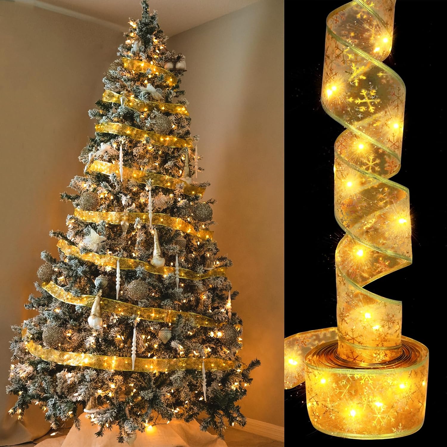 Tree Toppers - Christmas Gold Ribbon with Lights Tree Topper Accessories Decoration 16 ft with 50 LED, Battery Operated (1 Packed)