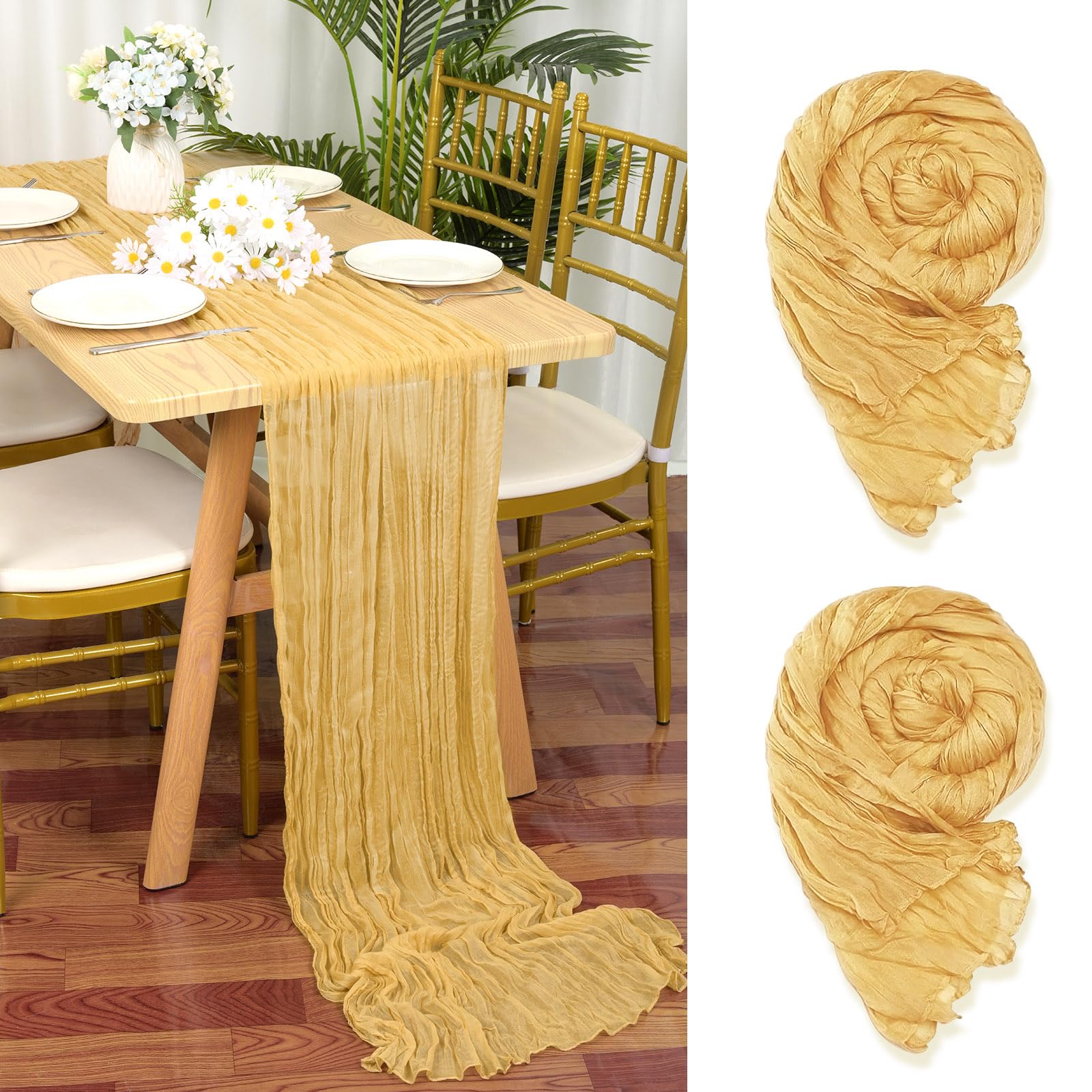 YMHPRIDE 2 Packs Cheesecloth Table Runner Gold, 90x300cm Sand Yellow Rustic Gauze Fabric Boho Table Runner, Cheesecloth Wedding Table Decor for Wedding Party Bridal Shower Table Decorations